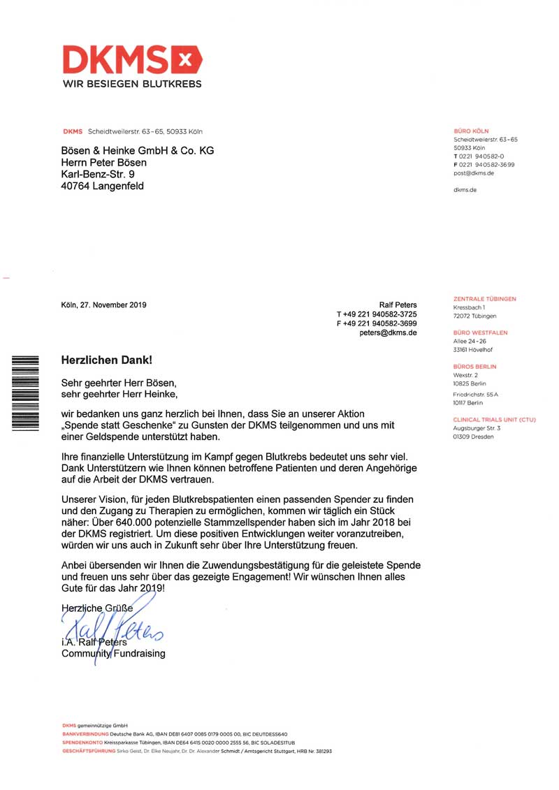 Dankschreiben DKMS an Bösen & Heinke GmbH IT-Service in Langenfeld für die Spende zur Unterstützung im Kampf gegen Blutkrebs
