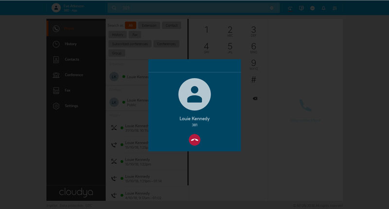 Screenshot Bildschirm eingehender Anruf für Cloud Telefonanalge cloudya