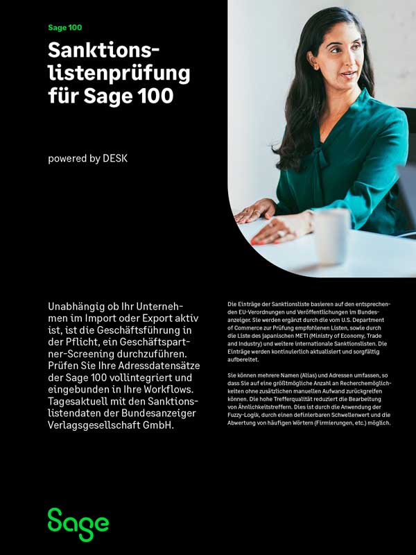 Titel Sage 100 Broschüre Sanktions­listen­prüfung für Sage 100