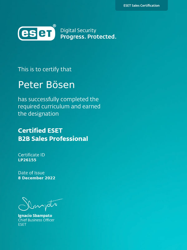 Bösen & Heinke GmbH ist zertifizierter ESET B2B Sales Professional