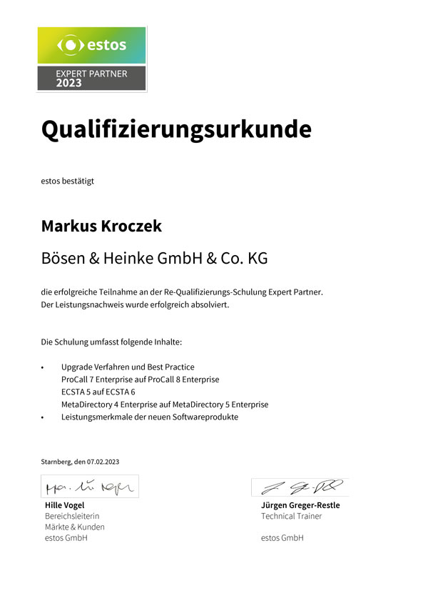 estos Zertifikat Boesen & Heinke GmbH ist ExpertPartner 2021