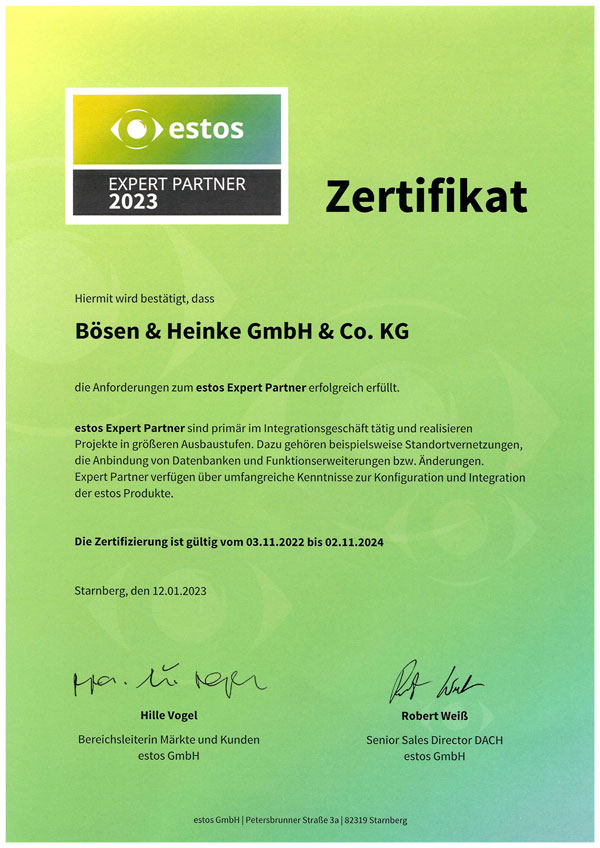 Zertifikat Estos Expert Partner für Bösen & Heinke GmbH