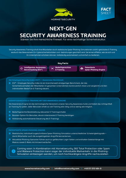 Titel Factsheet von Hornetsecurity über IT-Sicherheit und Awarenesschulung für Mitarbeiter