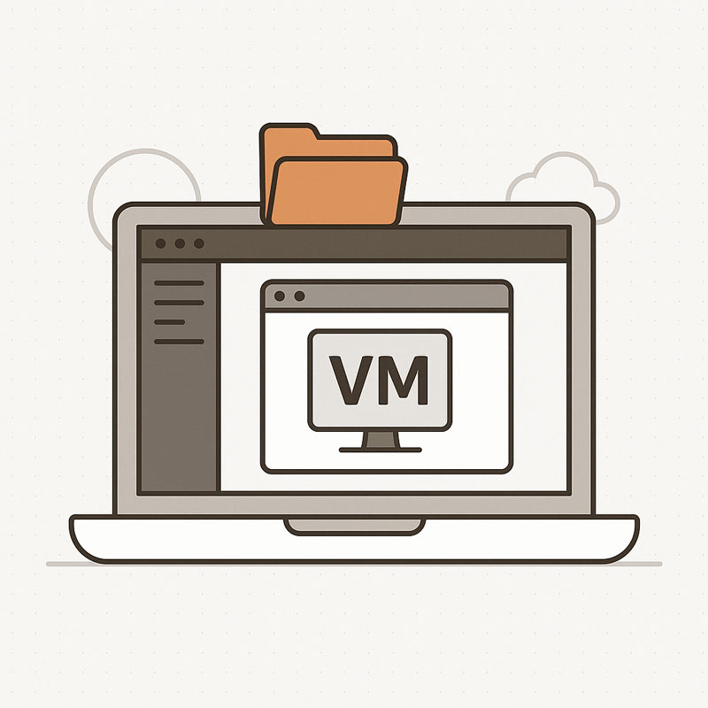 Reduzierte Grafik in beige und orange von einem Laptop der die virtuelle Maschine Altaro VM-Backup auf dem Bildschirm geöffnet hat.