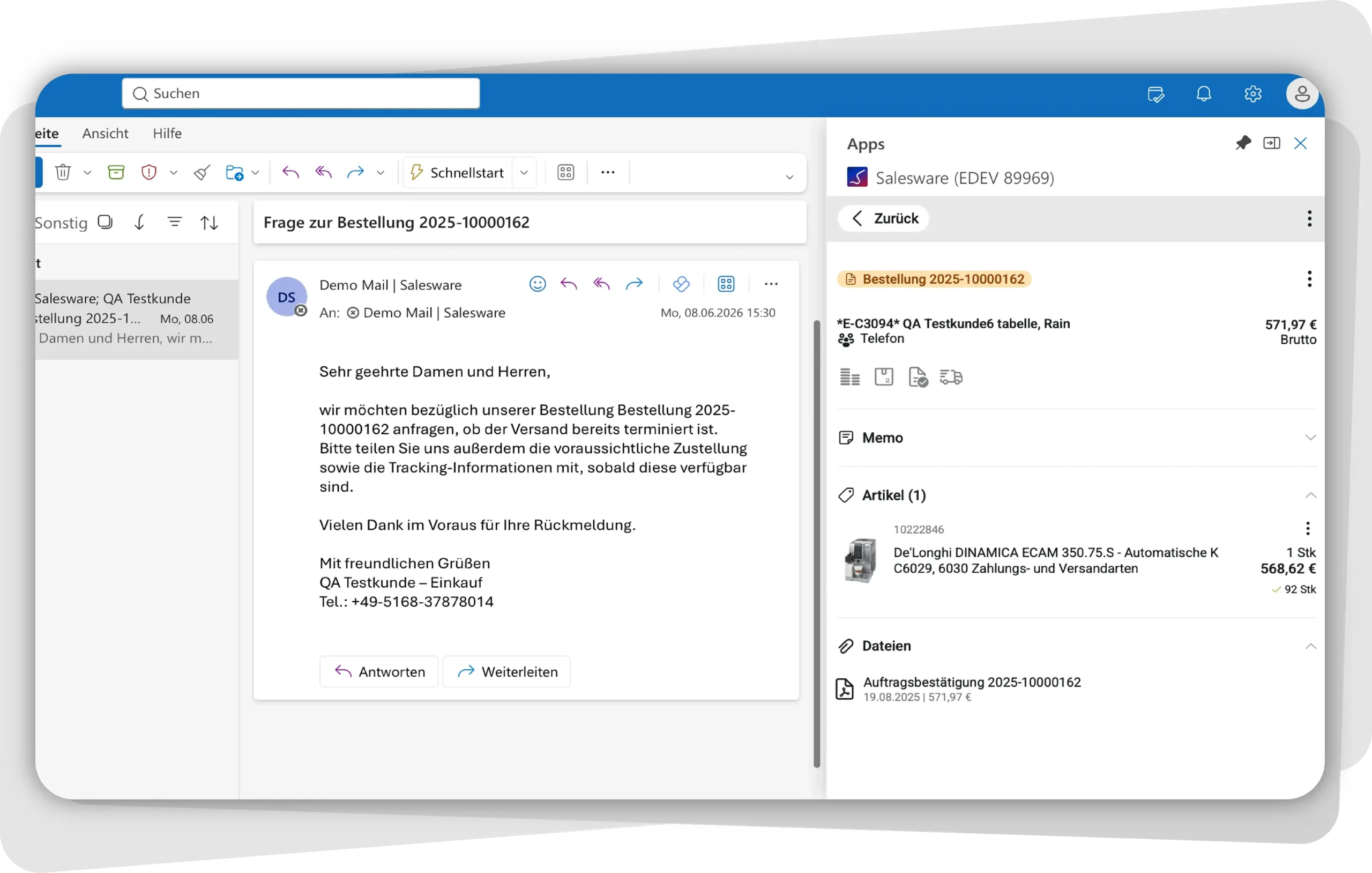 Screen Salesware Outlook Bestellung Screen Salesware Outlook Bestellung